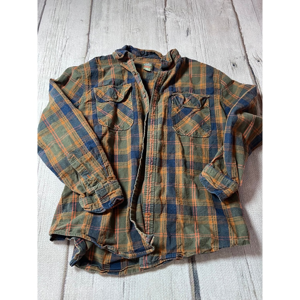 St. John's Bay Flannel Shirt Mens XXL Green Orange Plaid Cotton Button Up